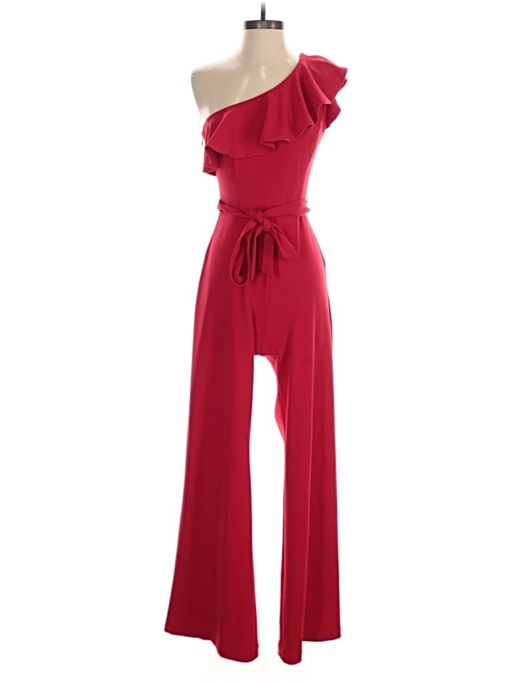 Red One-Shoulder Ruffle Jumpsuit with Tie Waist Sz. 8